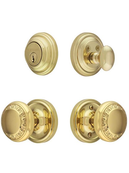 Classic Rosette Entry Set, Keyed Alike with Ovolo Knobs in Polished Brass.